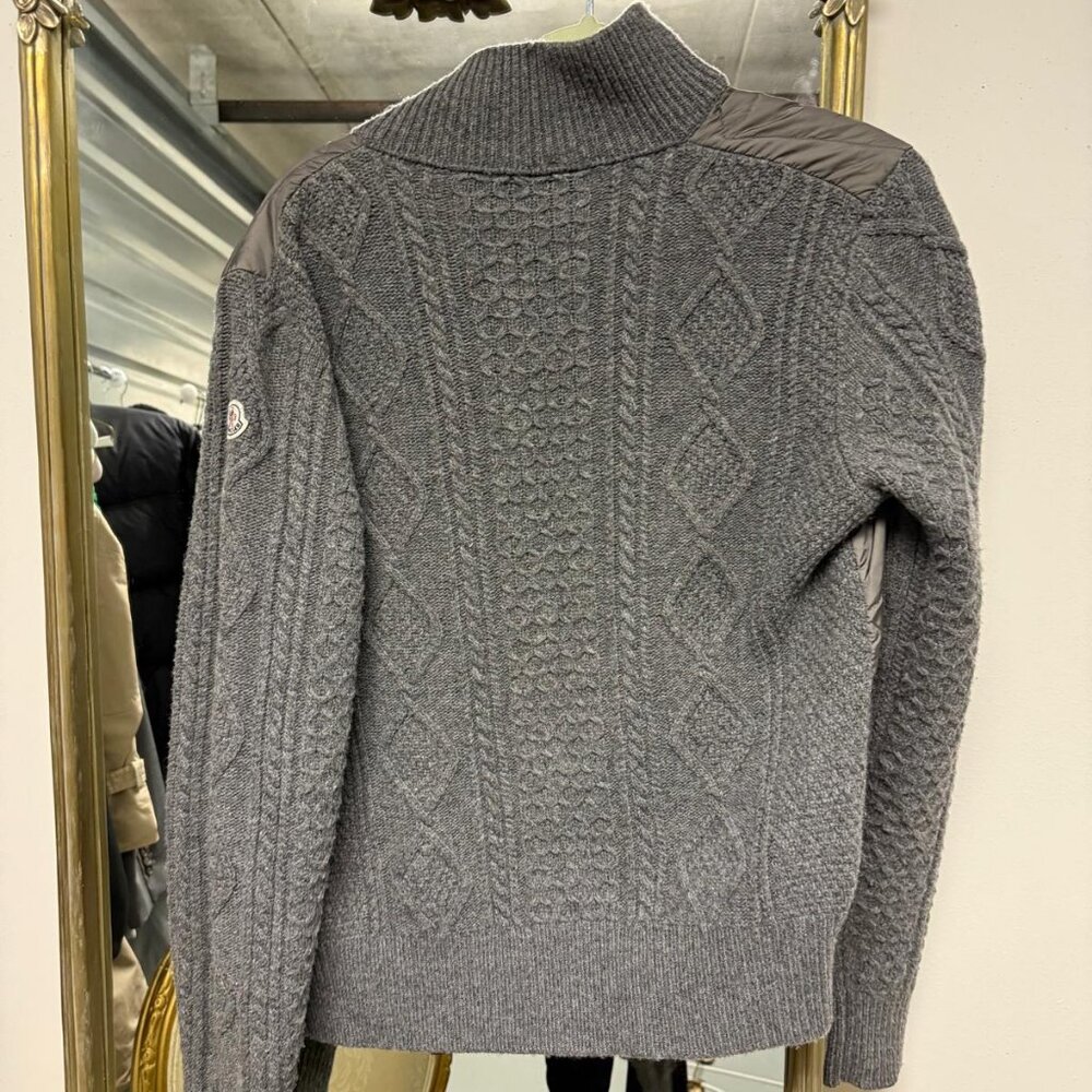 Moncler Grey Wool Cable Knit Down Puffer Zip Cardigan Jacket - Picture 3 of 4
